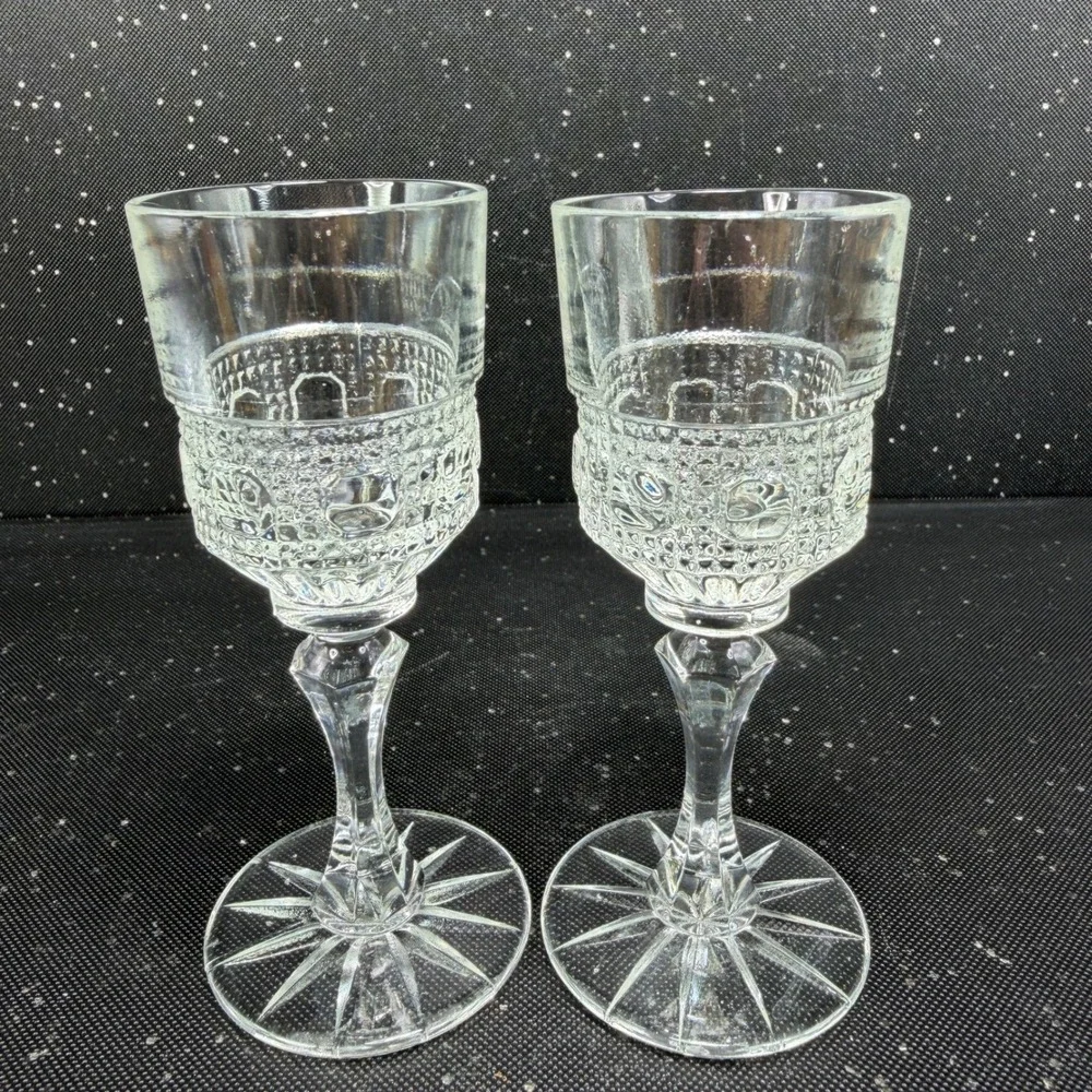 Antique Clear Pressed Glass Cordial Cups Thumbprint Starburst Base Set of 2 VTG